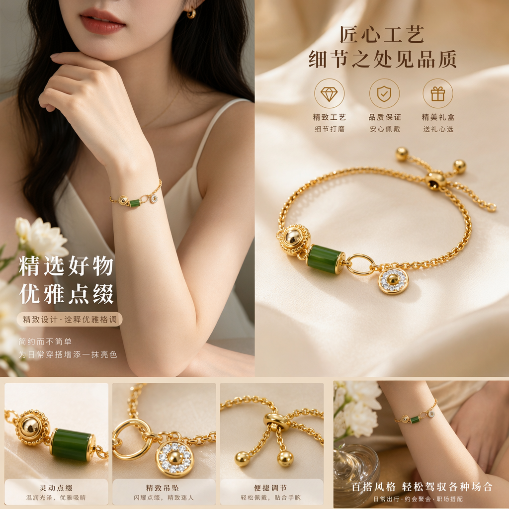 The golden bracelet with green gemstones for women's arm decoration is simple and fashionable pic 1