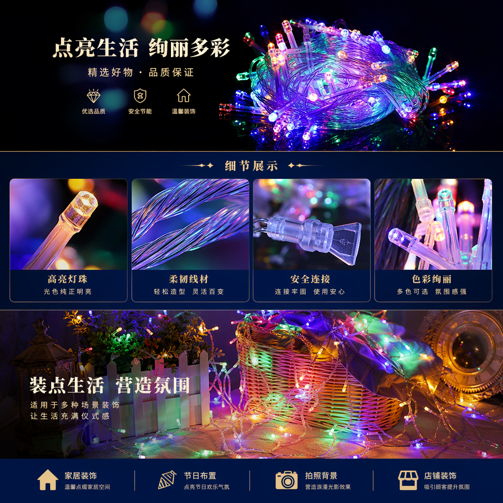 彩色LED灯串 灯串 装饰节日氛围灯 20米可裁剪防水户外室内通用详情1
