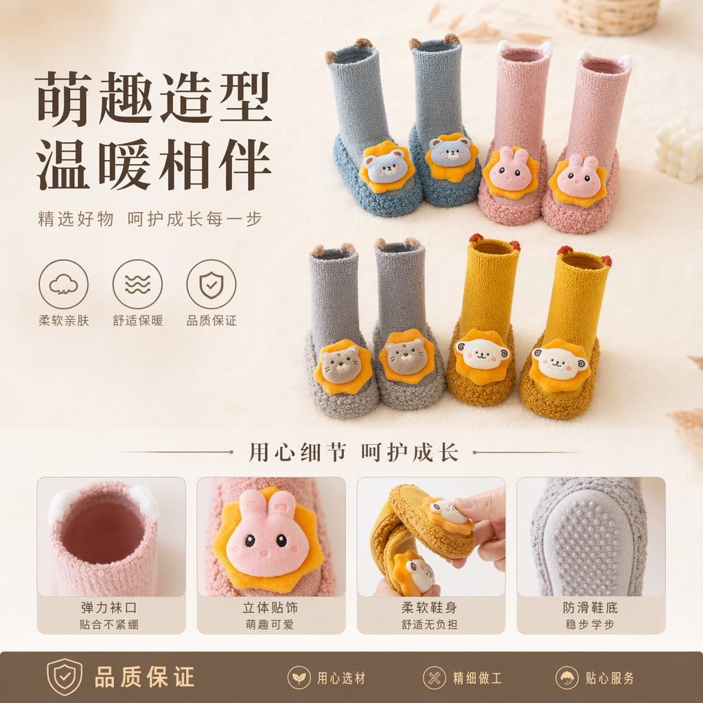 可爱动物图案婴儿袜套 柔软棉质防滑宝宝袜套详情1