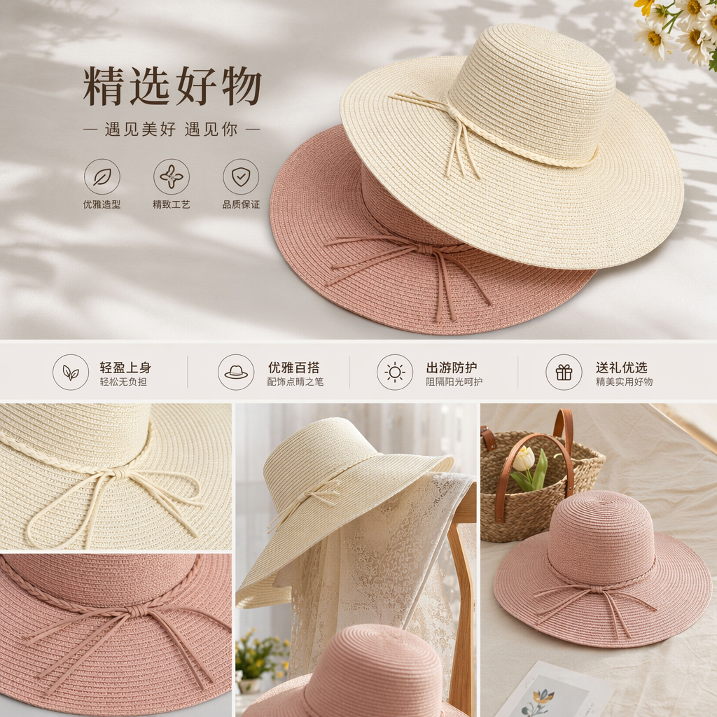 草编帽 夏季防晒遮阳帽子 女士休闲编织渔夫帽详情1