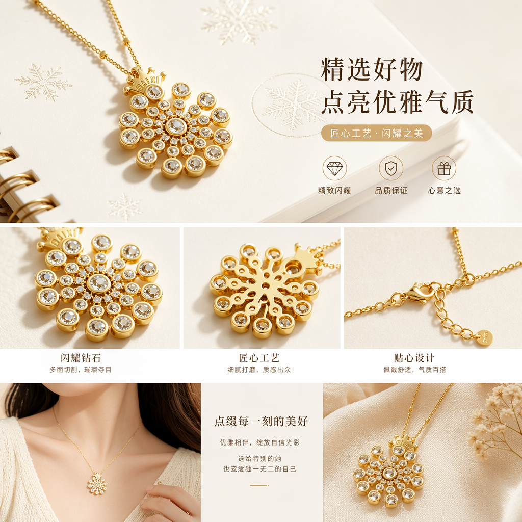 果壳金色雪花吊坠项链 电镀点钻饰品 含金色款镯子对戒999详情1
