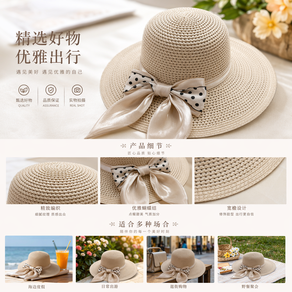 草编帽 女士夏季防晒遮阳帽子 宽檐透气休闲草帽详情1
