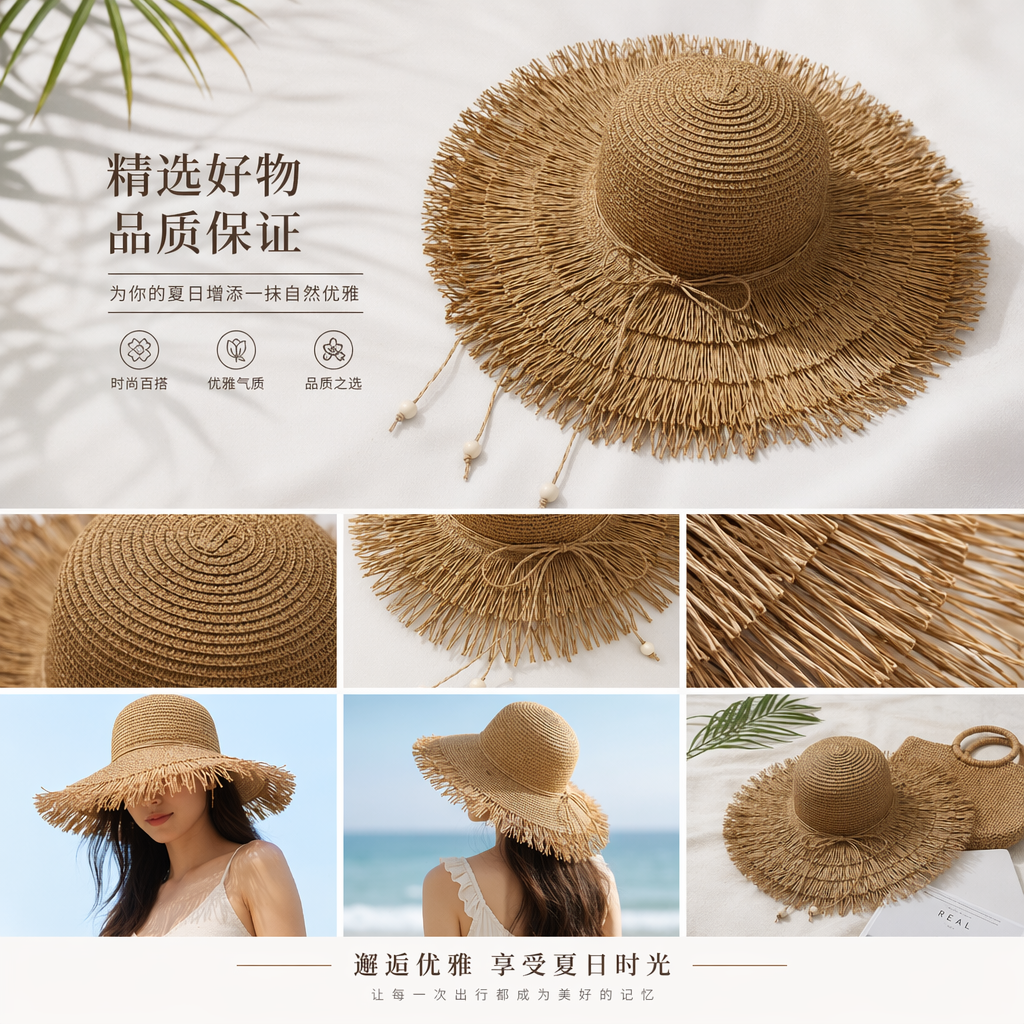 草编宽檐帽 女夏防晒遮阳透气休闲度假帽详情1