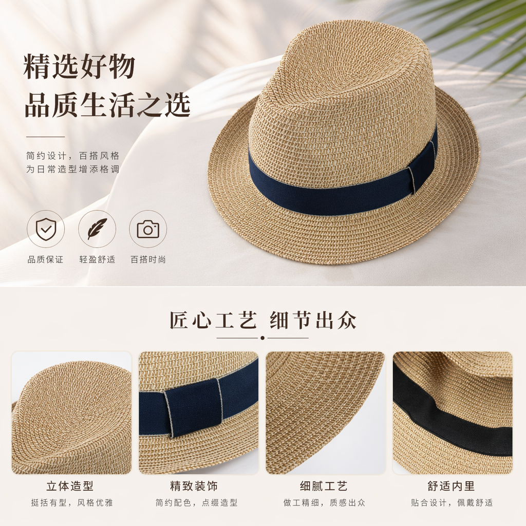 天然草编防晒帽 女士夏季透气遮阳编织帽子详情1