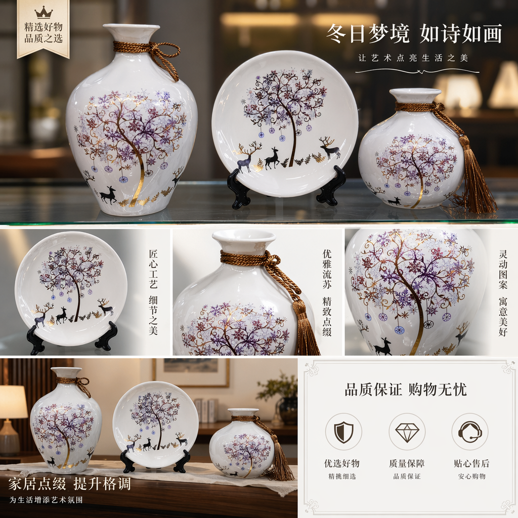 陶瓷花瓶搭配盘子套装 客厅装饰摆件 餐桌果盘两用详情1