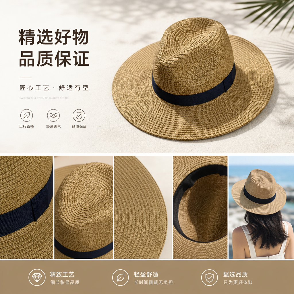 草编帽 夏日防晒遮阳帽子 女士休闲编织草帽详情1