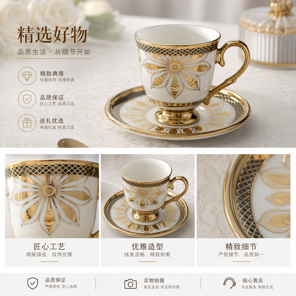 精致金色花纹陶瓷茶杯配茶托套装陶瓷咖啡杯套装详情1