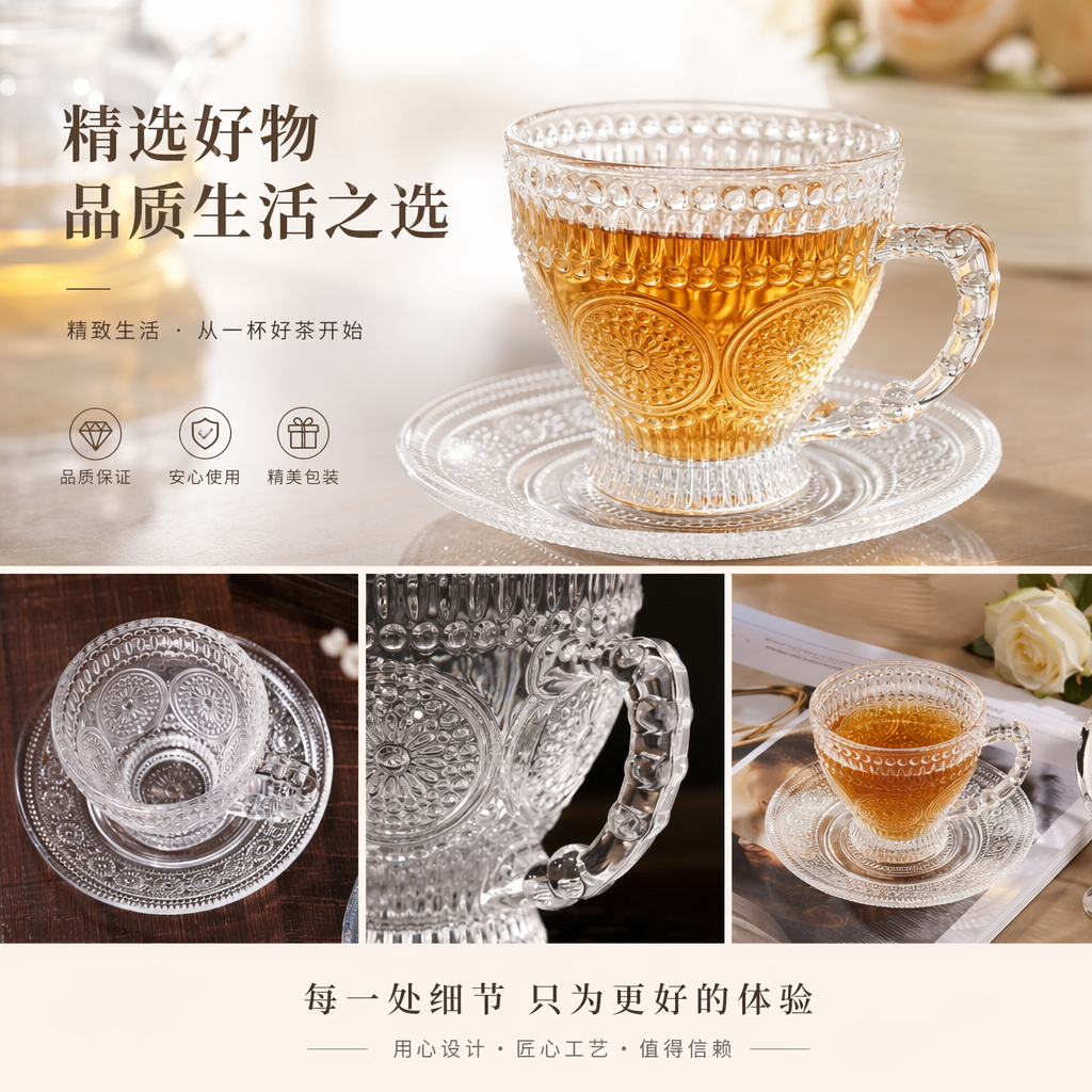 高硼硅透明玻璃茶杯配碟子 360度通透耐热家用套装详情1
