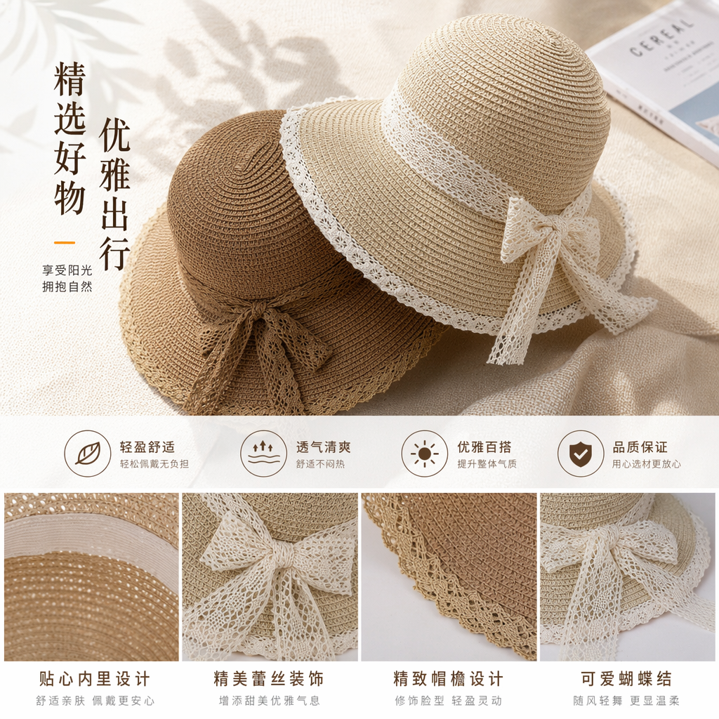 编织草帽 女夏防晒遮阳帽 时尚休闲宽檐草编帽子详情1