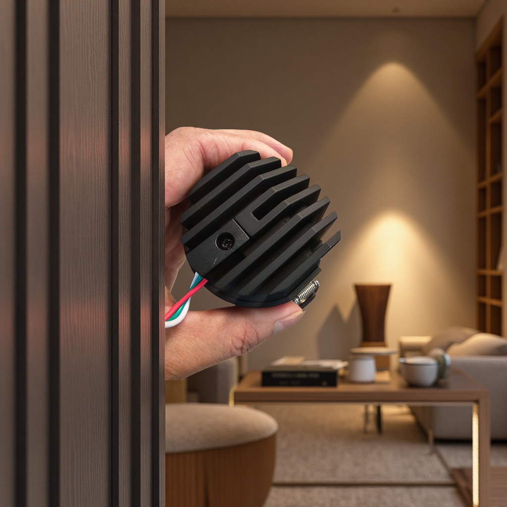 The black heat sink body is equipped with red, green and white wires and a metal spring bracket