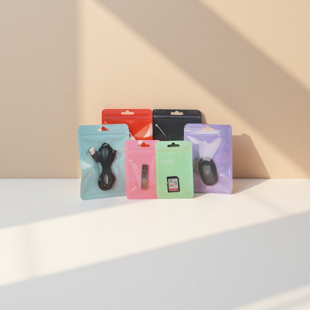 SanDisk 64GB memory card, black USB data cable, silver USB flash drive, black wireless charging keychain, colorful sealed bag details Picture