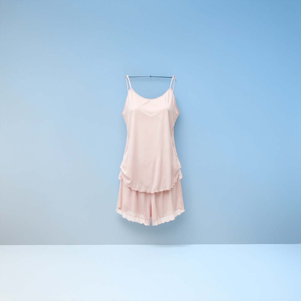 粉色吊带睡衣套装女夏季纯棉短袖家居服两件套