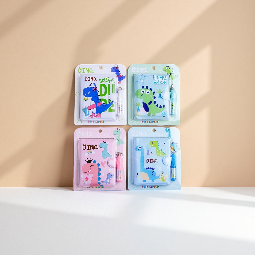 Four dinosaur-themed cartoon notebook sets with pen, blue, green, pink, light blue background DINO SKATER DUDE Happy dino Application Scenario