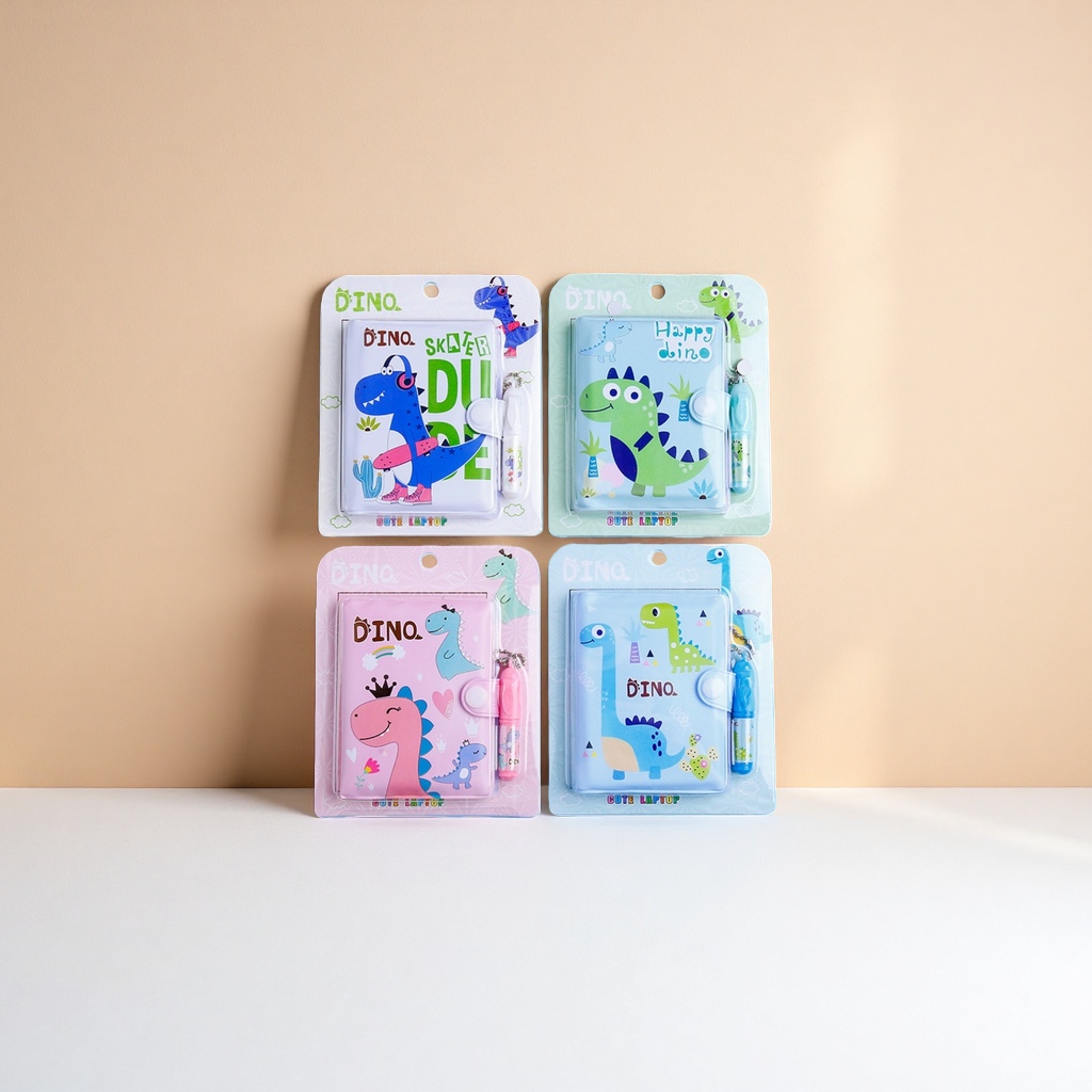 Four dinosaur-themed cartoon notebook sets with pen, blue, green, pink, light blue background DINO SKATER DUDE Happy dino Specification image