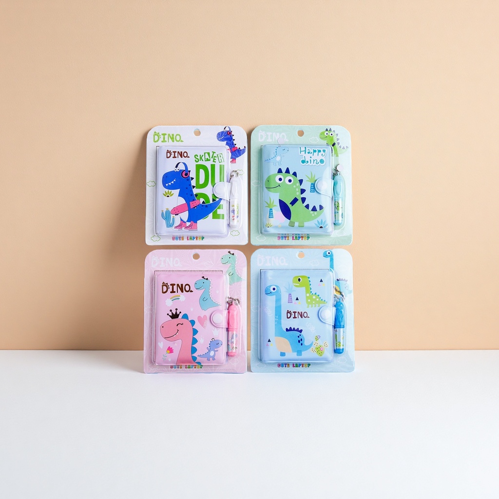 Four dinosaur-themed cartoon notebook sets with pen, blue, green, pink, light blue background DINO SKATER DUDE Happy dino