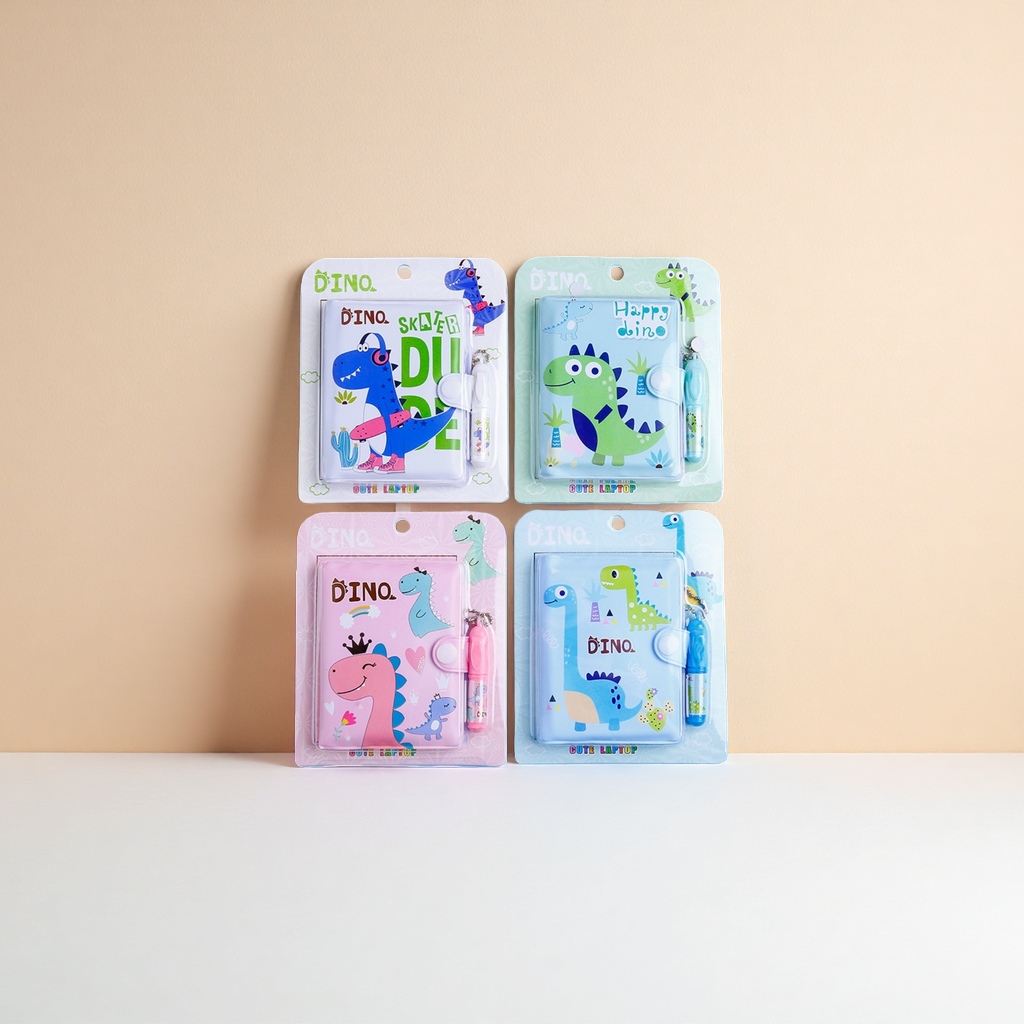Four dinosaur-themed cartoon notebook sets with pen, blue, green, pink, light blue background DINO SKATER DUDE Happy dino details Picture
