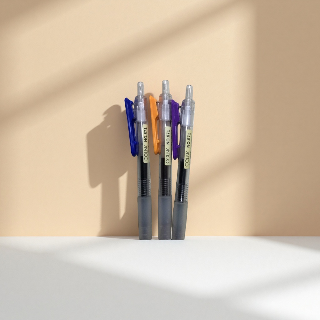 A set of three colored press-pen student office gel pens in black, blue and red Application Scenario