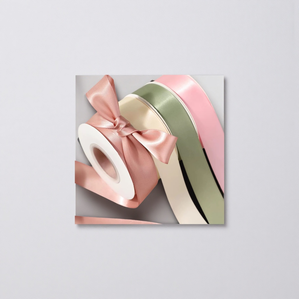 A pink ribbon bow is tied with a three-color ribbon roll in beige, light green and pink Application Scenario