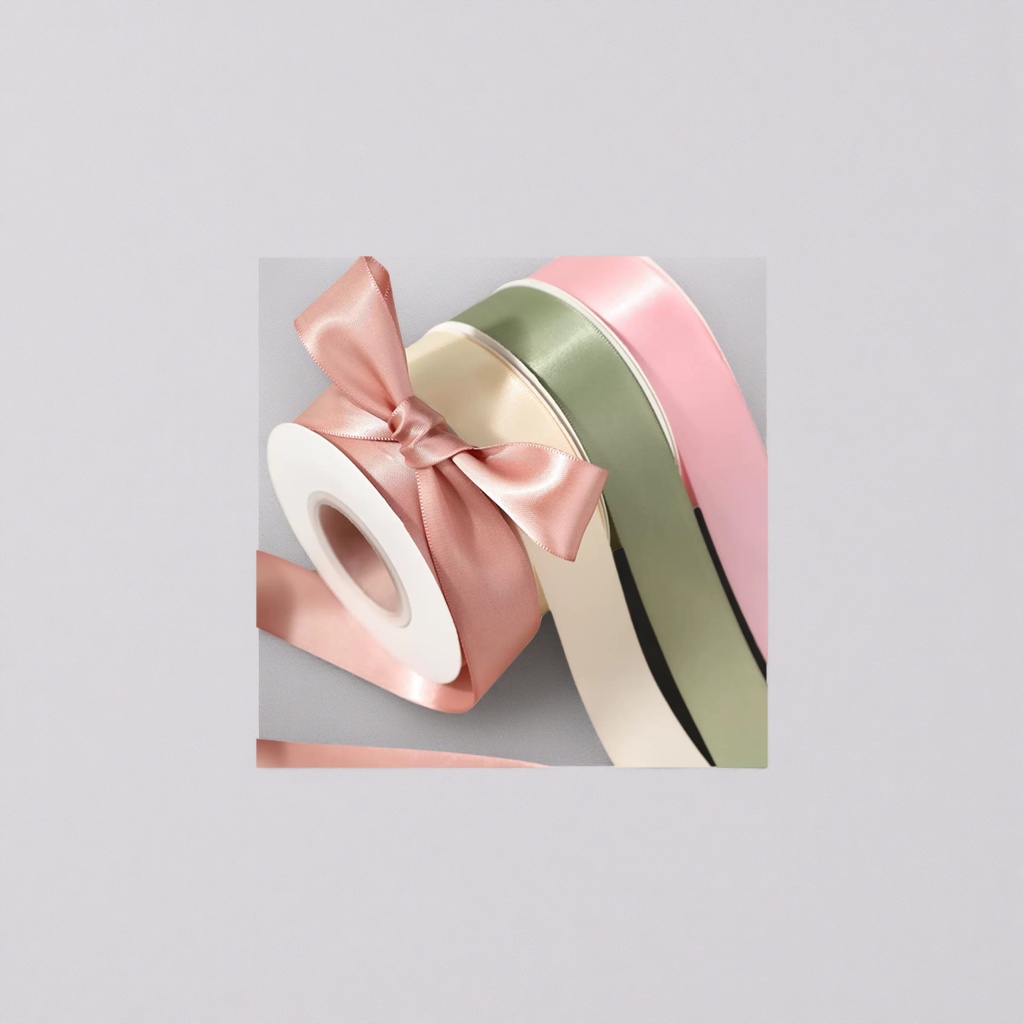 A pink ribbon bow is tied with a three-color ribbon roll in beige, light green and pink details Picture