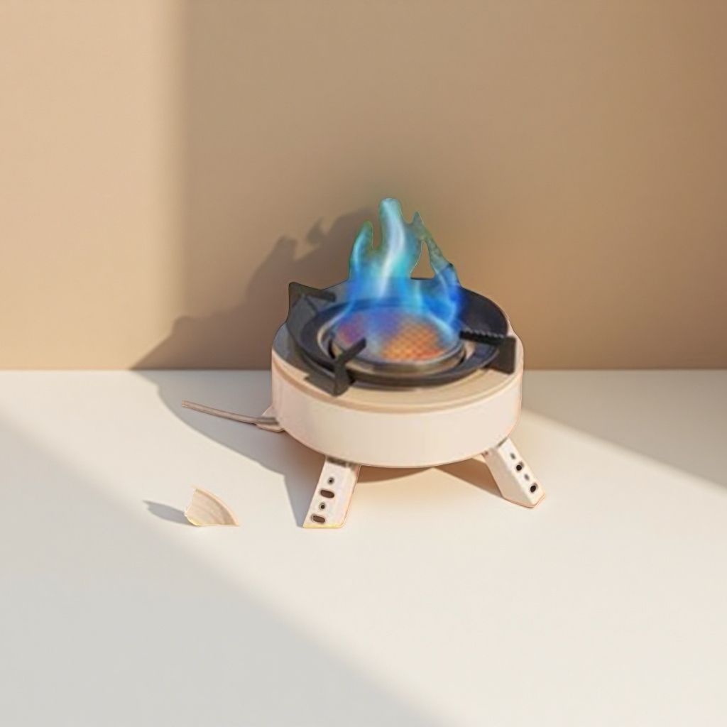 The white portable infrared energy concentrating stove with a blue flame and a high-efficiency wooden desktop is suitable