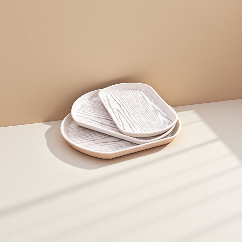 White oval-shaped melamine wood grain tray for home dining side table display and storage