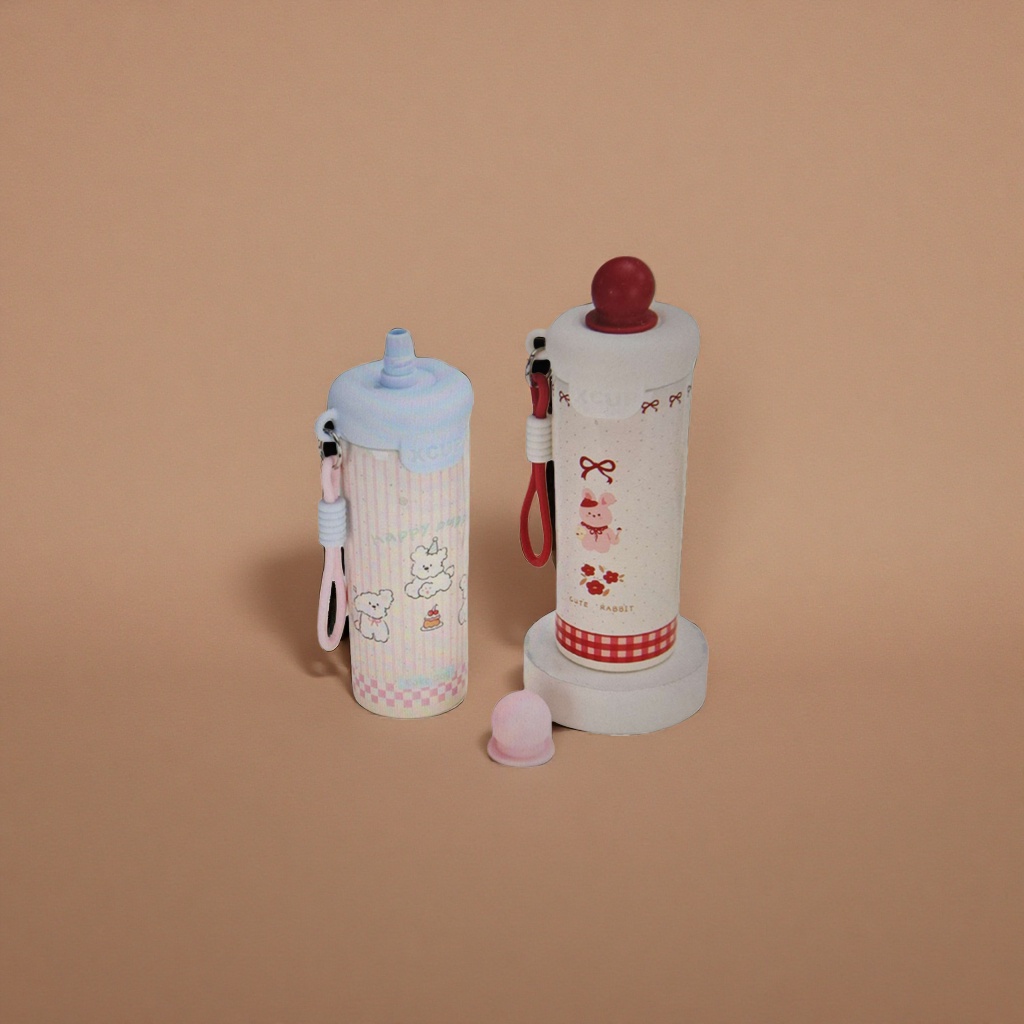 Pink striped cartoon water cup, white rabbit pattern water cup, cute children's insulated cup Specification image