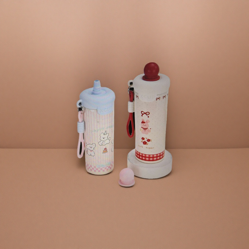 Pink striped cartoon water cup, white rabbit pattern water cup, cute children's insulated cup Application Scenario