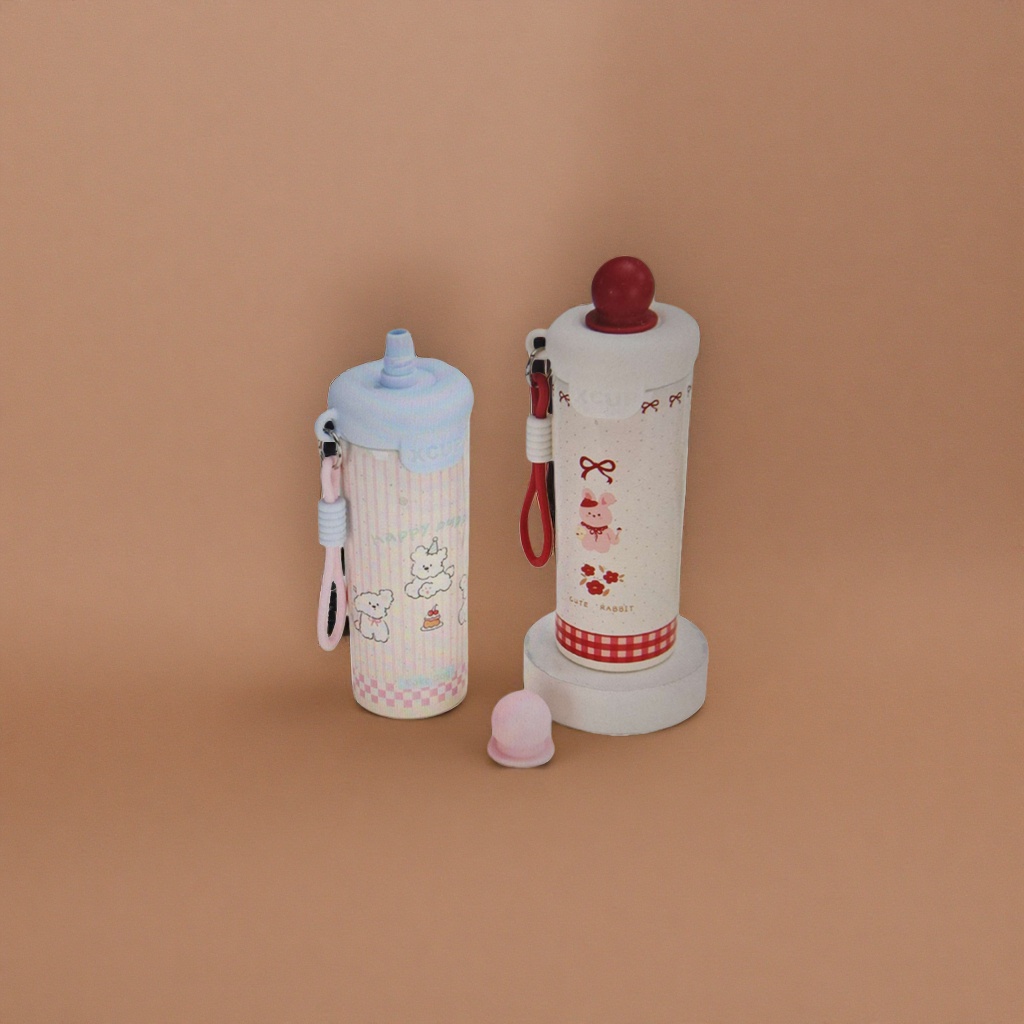 Pink striped cartoon water cup, white rabbit pattern water cup, cute children's insulated cup