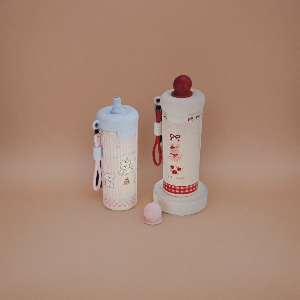 Pink striped cartoon water cup, white rabbit pattern water cup, cute children's insulated cup details Picture