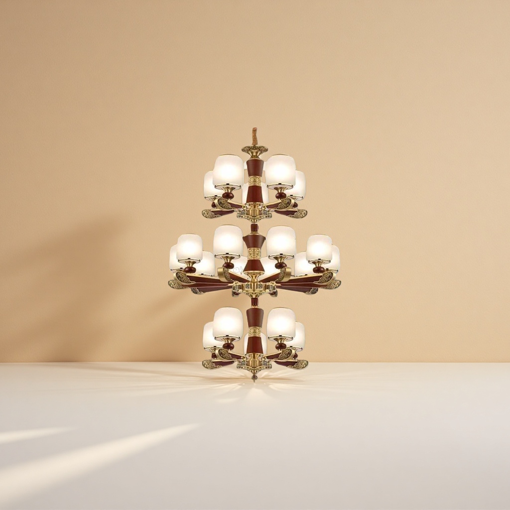 The golden redwood multi-layer chandelier is the main light for the Nordic modern living room and dining room Application Scenario