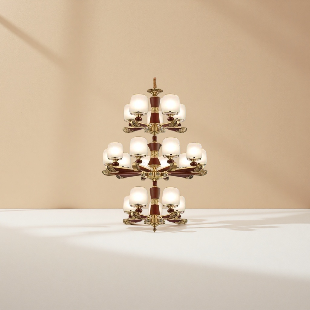 The golden redwood multi-layer chandelier is the main light for the Nordic modern living room and dining room Specification image