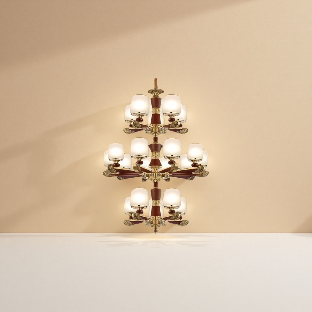 The golden redwood multi-layer chandelier is the main light for the Nordic modern living room and dining room details Picture