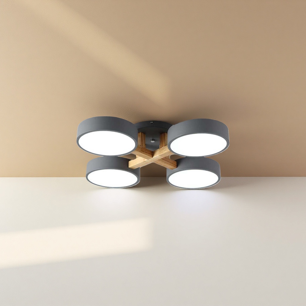 The grey four-lamp ceiling lamp has a simple and modern lampshade for living room and bedroom lighting details Picture
