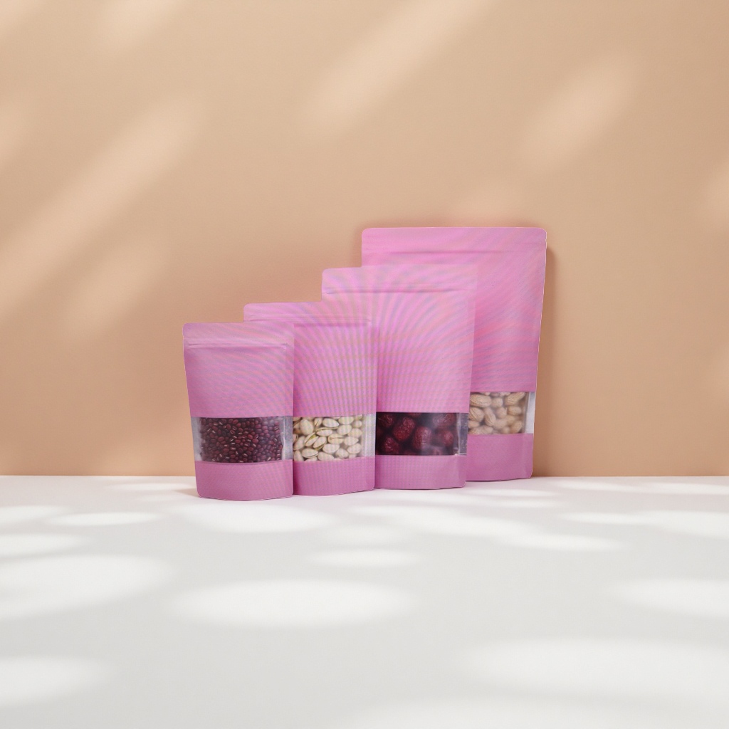 Pink self-sealing bags for nuts and beans, food-grade sealed and fresh-keeping portable packaging