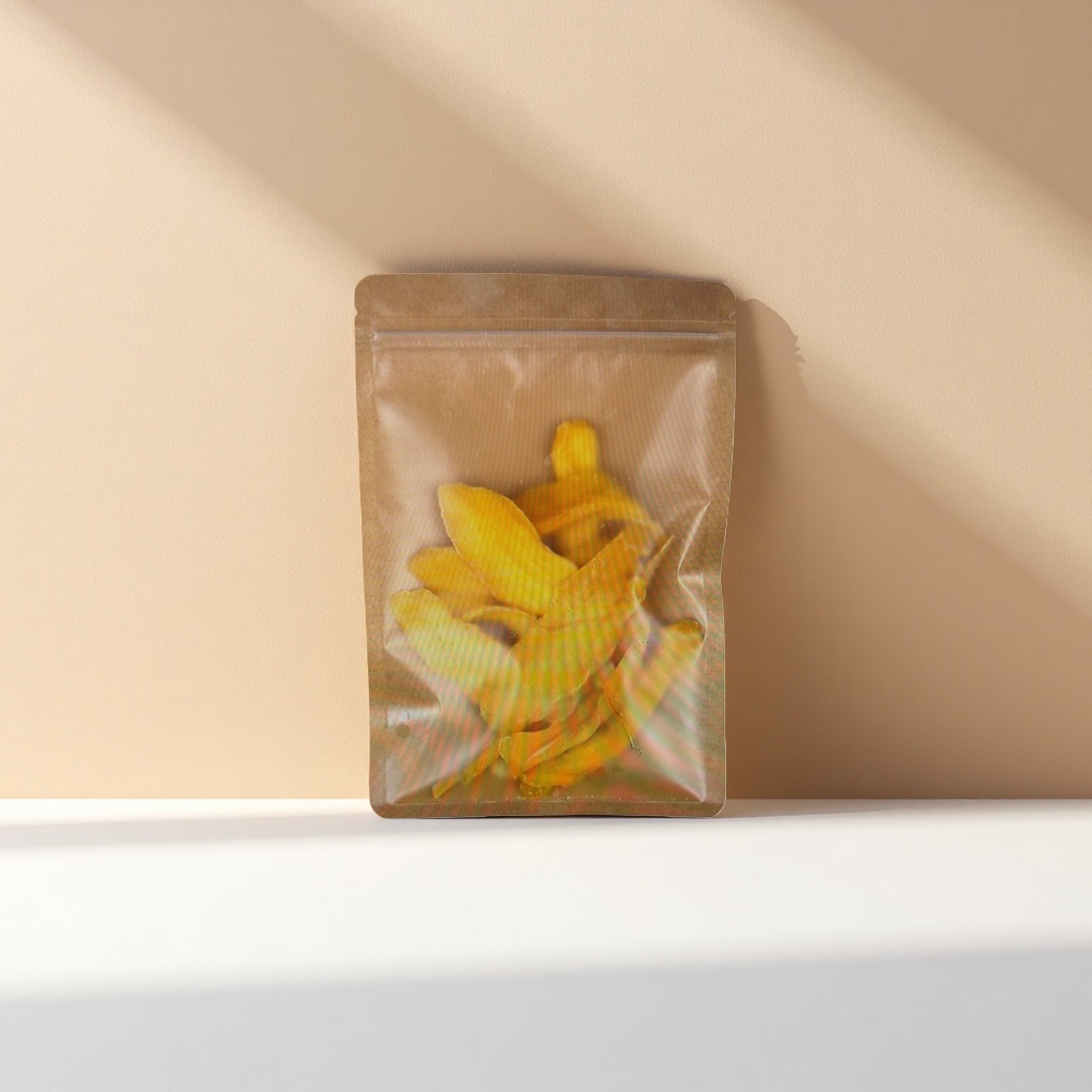 Brown self-sealing bag containing yellow dried ginger slices, sulfur-free smoked to remove fishy smell and enhance flavor, a must-have for the kitchen details Picture