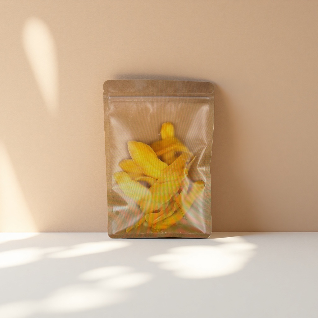 Brown self-sealing bag containing yellow dried ginger slices, sulfur-free smoked to remove fishy smell and enhance flavor, a must-have for the kitchen Specification image