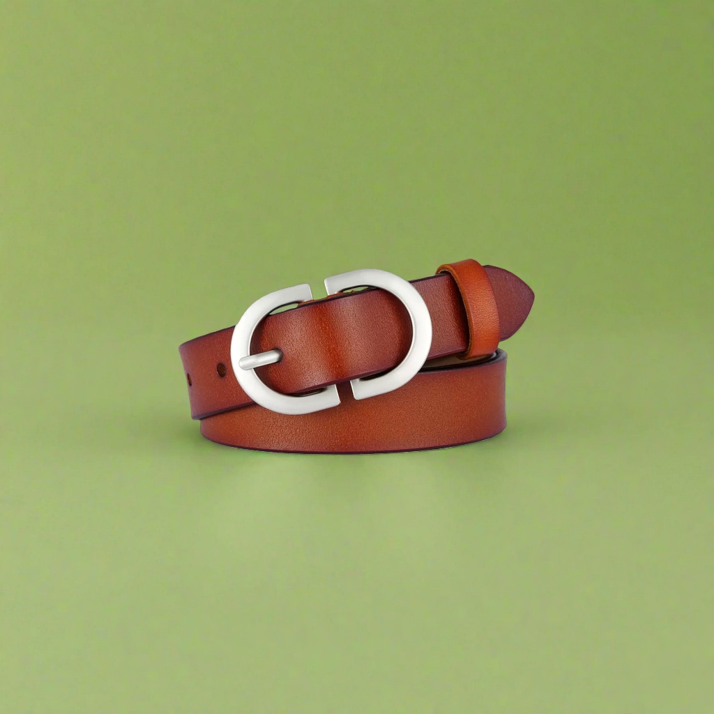 A brown genuine leather belt with a silver circular buckle men's business casual belt Application Scenario