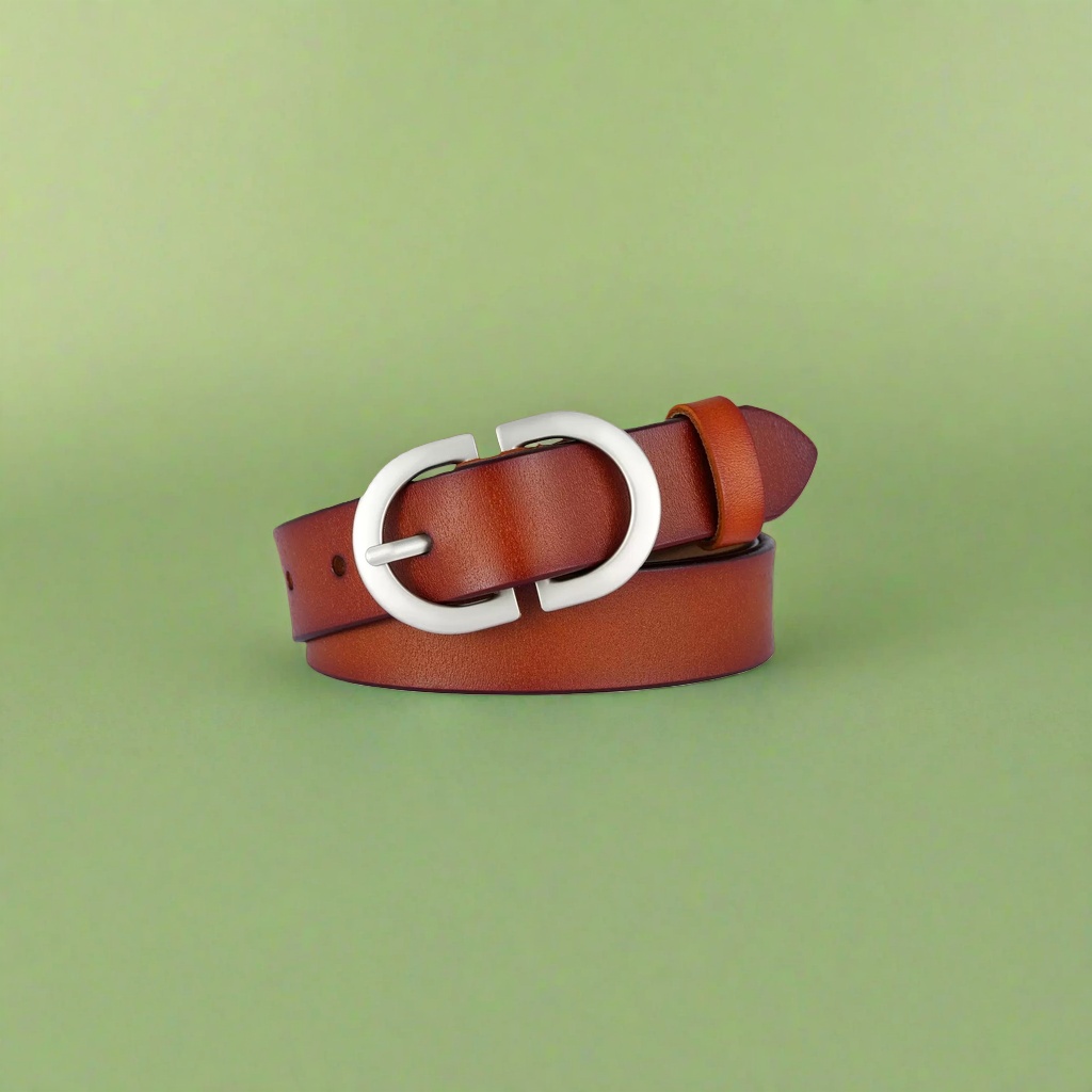 A brown genuine leather belt with a silver circular buckle men's business casual belt details Picture