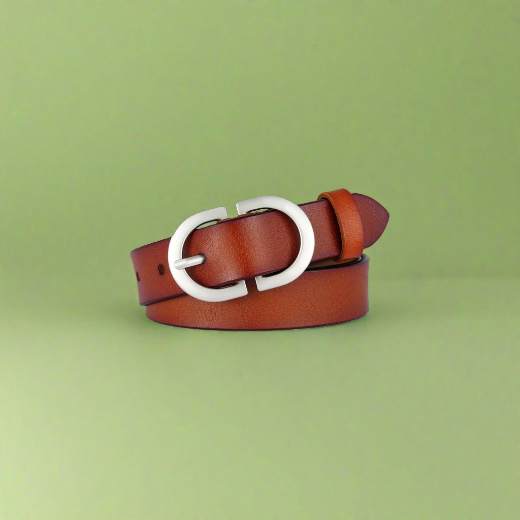 A brown genuine leather belt with a silver circular buckle men's business casual belt Specification image