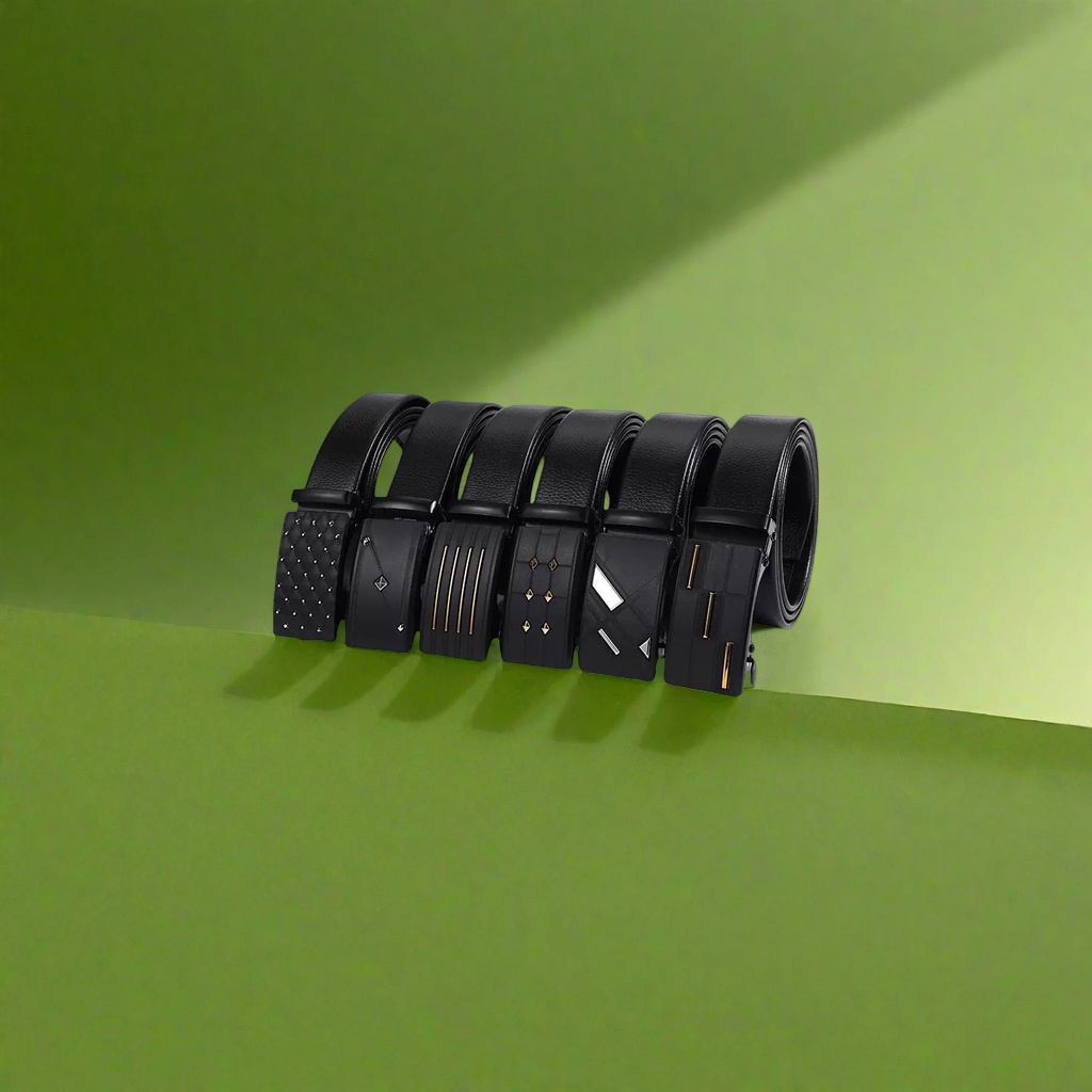 A black belt combination of five men's belts with different decorative buckles details Picture