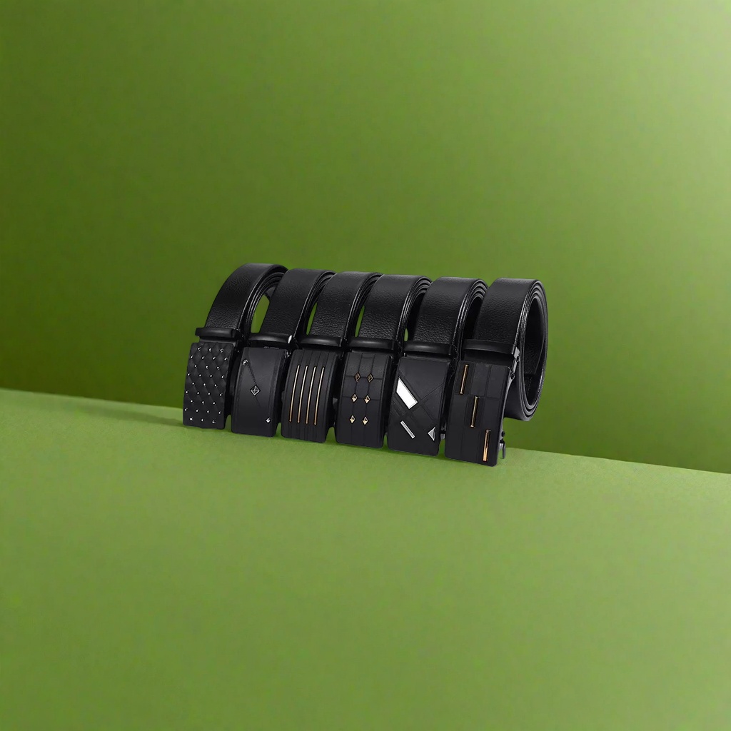 A black belt combination of five men's belts with different decorative buckles Specification image