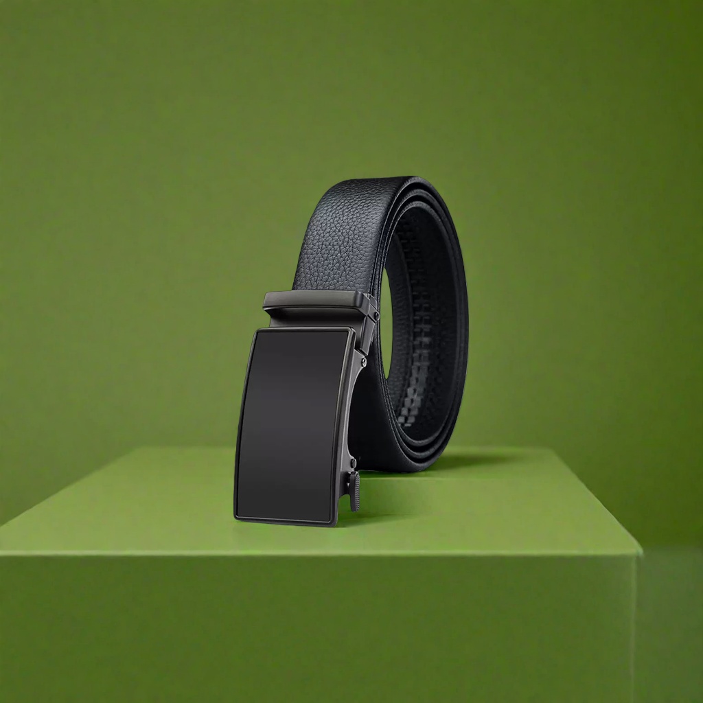 Black genuine leather business and casual belt for men, 3.5cm wide, adjustable with automatic buckle details Picture