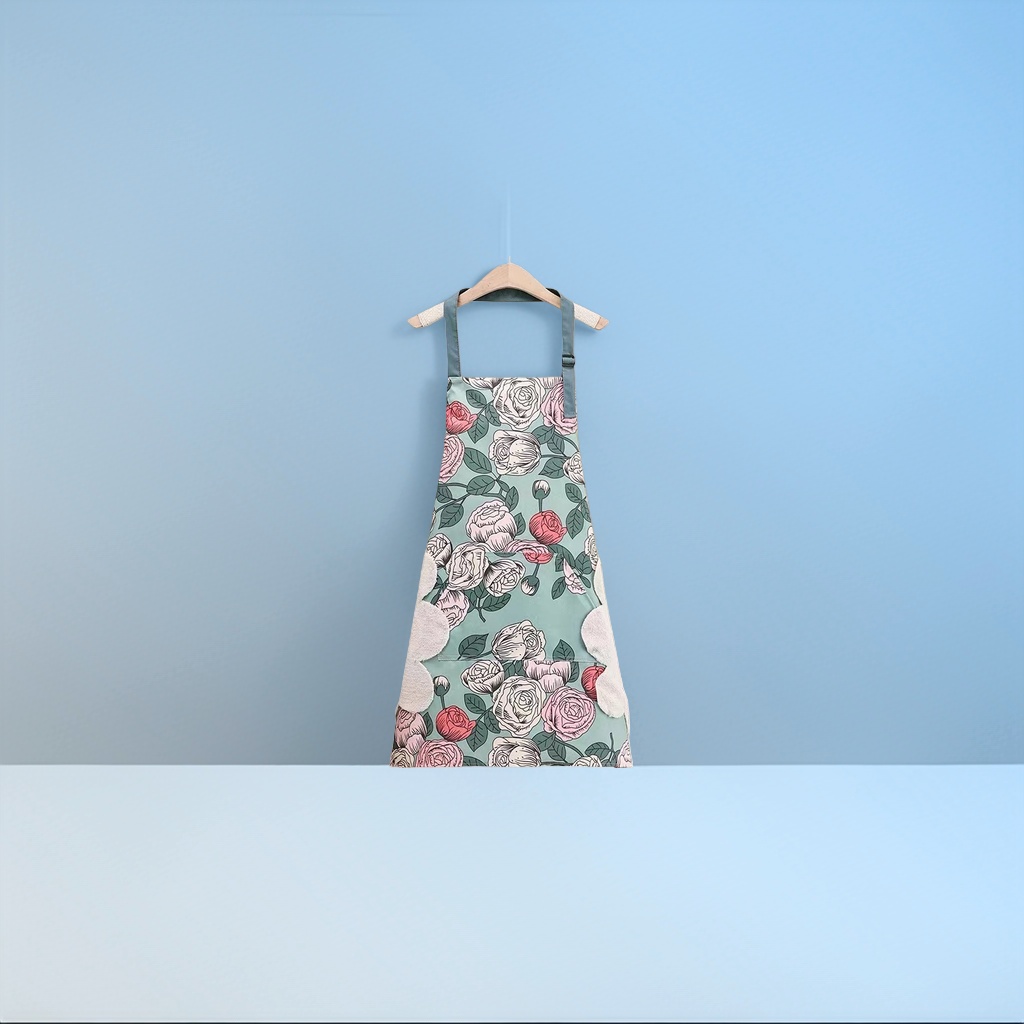 Blue background rose print apron, thickened oil-resistant kitchen home apron details Picture