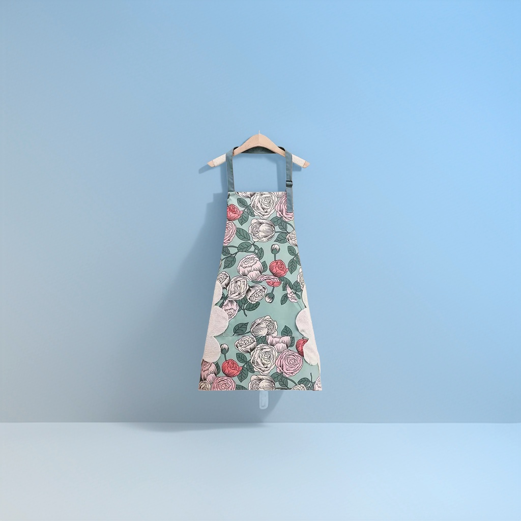 Blue background rose print apron, thickened oil-resistant kitchen home apron