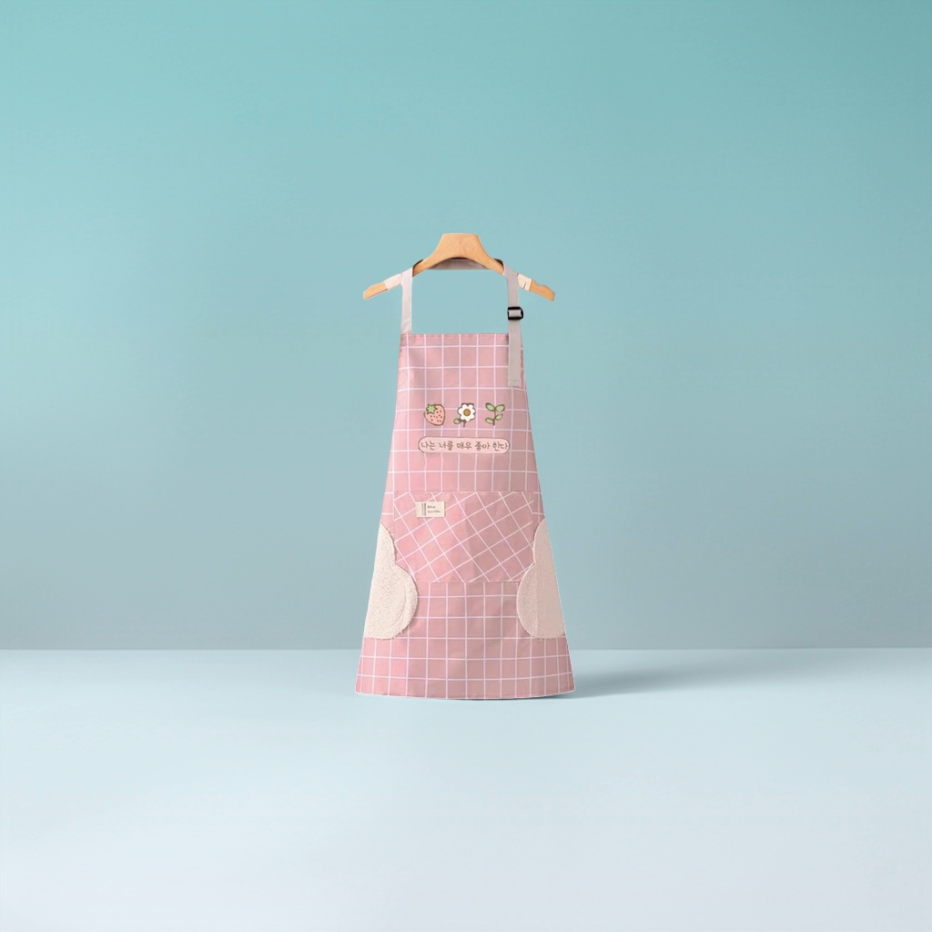 Pink checkered apron, kitchen oil-proof and water-proof, extended tie, adjustable pure cotton apron Specification image