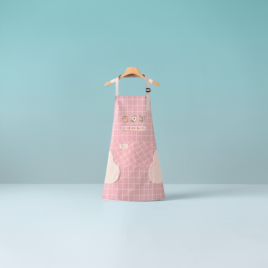 Pink checkered apron, kitchen oil-proof and water-proof, extended tie, adjustable pure cotton apron details Picture