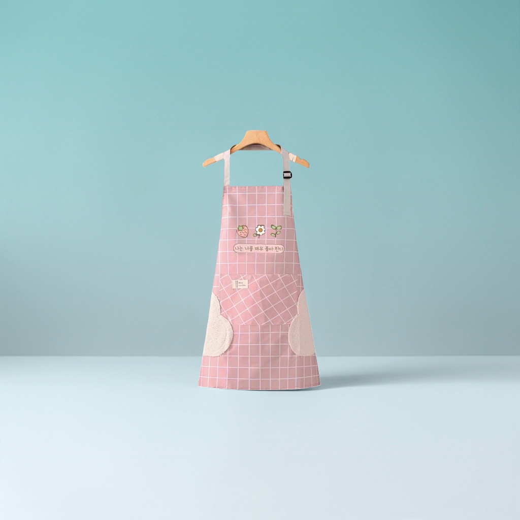 Pink checkered apron, kitchen oil-proof and water-proof, extended tie, adjustable pure cotton apron