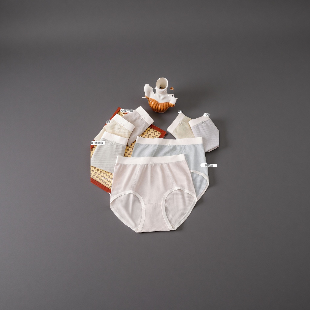 Cream white mocha, misty grey, light pink, light maple green, purple grey, misty blue, seven-color white striped underpants, wooden table display with bow decoration details Picture