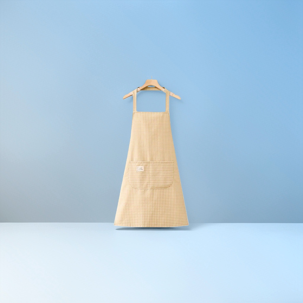 Beige checkered apron, kitchen oil-proof and water-proof, extended lace-up, pure cotton breathable