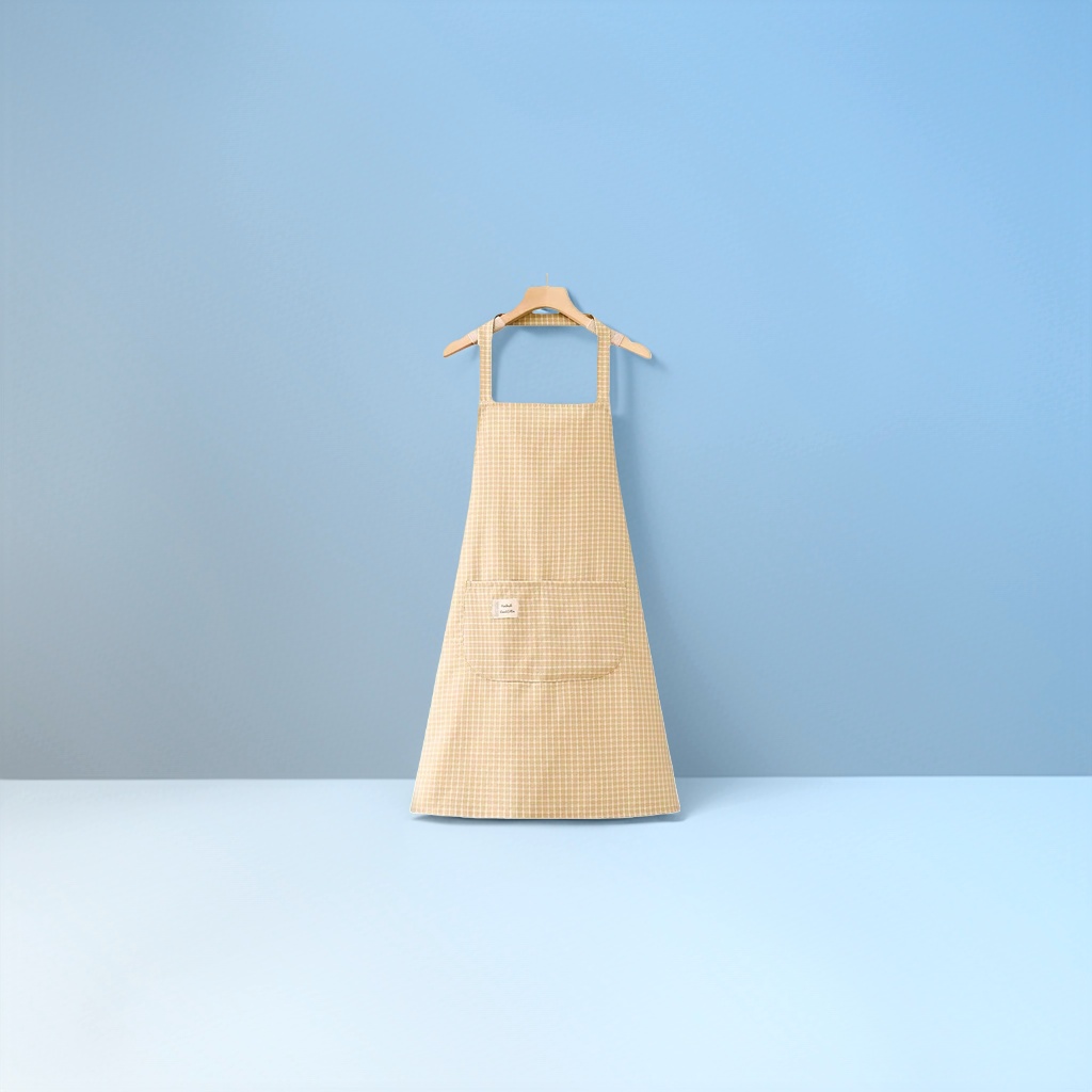 Beige checkered apron, kitchen oil-proof and water-proof, extended lace-up, pure cotton breathable Specification image